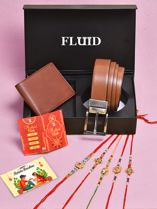 Fluid Rakhi Gift Set – Tan Belt, Tan Wallet, 5 Assorted Rakhis, Tilak (Roli-Chandan-Chawal-Mishri)& Message Card