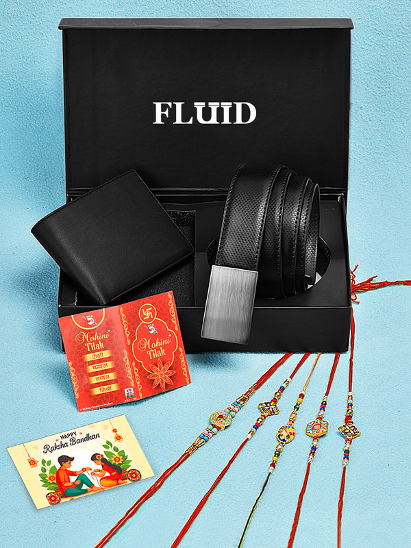 Fluid Rakhi Gift Set – Black Belt, Black Wallet,5 Assorted Rakhis, Tilak (Roli-Chandan-Chawal-Mishri)& Message Card