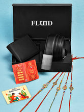 Fluid Rakhi Gift Set – Black Belt, Black Wallet,5 Assorted Rakhis, Tilak (Roli-Chandan-Chawal-Mishri)& Message Card