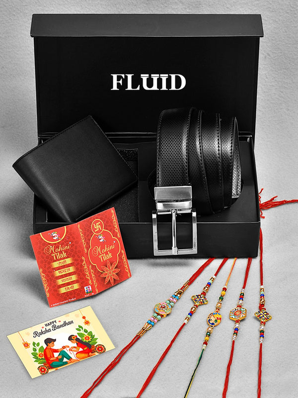 Fluid Rakhi Gift Set – Black Belt, Black Wallet, 5 Assorted Rakhis, Tilak (Roli-Chandan-Chawal-Mishri)& Message Card