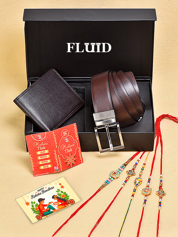 Fluid Rakhi Gift Set – Brown Belt, Brown Wallet, 5 Assorted Rakhis, Tilak (Roli-Chandan-Chawal-Mishri)& Message Card