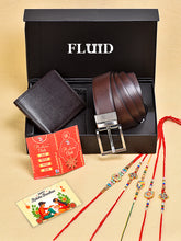 Fluid Rakhi Gift Set – Brown Belt, Brown Wallet, 5 Assorted Rakhis, Tilak (Roli-Chandan-Chawal-Mishri)& Message Card