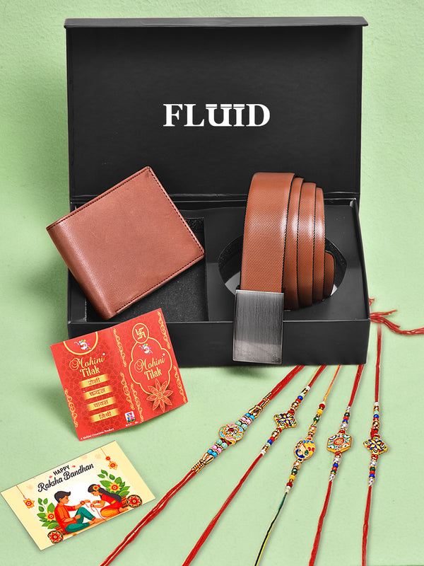 Fluid Rakhi Gift Set – Tan Belt, Tan Wallet, 5 Assorted Rakhis, Tilak (Roli-Chandan-Chawal-Mishri)& Message Card
