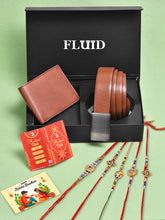 Fluid Rakhi Gift Set – Tan Belt, Tan Wallet, 5 Assorted Rakhis, Tilak (Roli-Chandan-Chawal-Mishri)& Message Card