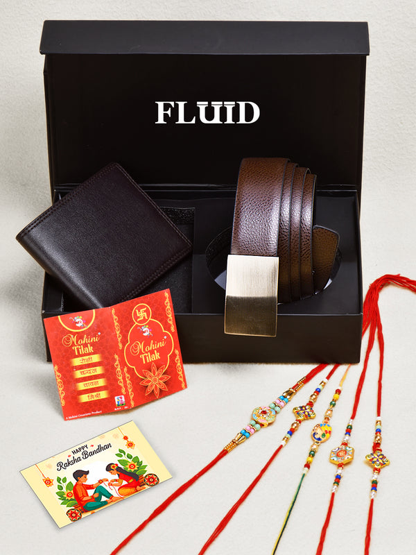 Fluid Rakhi Gift Set – Brown Belt, Brown Wallet, 5 Assorted Rakhis, Tilak (Roli-Chandan-Chawal-Mishri)& Message Card