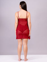 Fleurt Maroon Power Net+Lycra Net Baby Doll Dress for Women HOBF-BD-NS2-MR