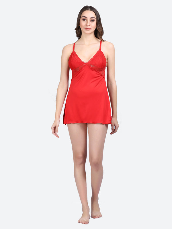 Fleurt Red Forbe Lycra Premium Baby Doll Dress for Women HOBF-BD-1062-RD