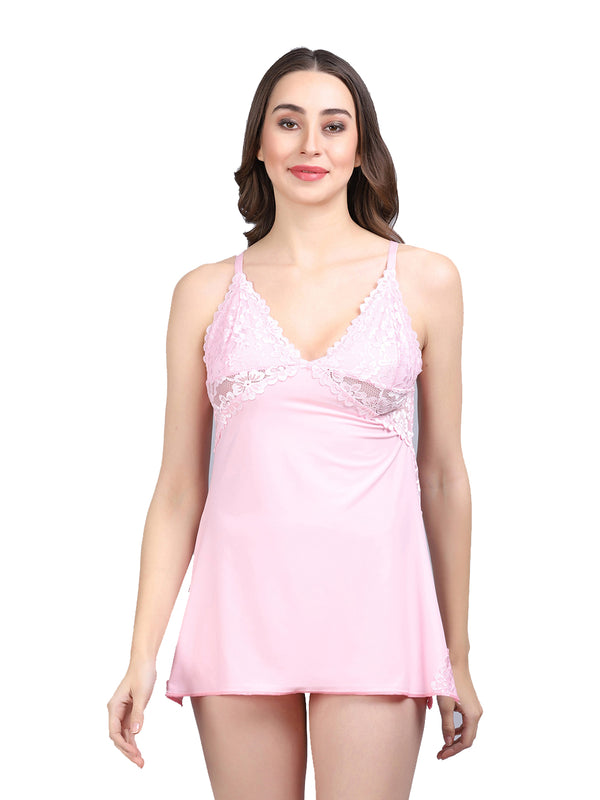 Fleurt Pink Forbe Lycra Premium Baby Doll Dress for Women HOBF-BD-1062-PK