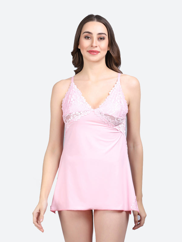 Fleurt Pink Forbe Lycra Premium Baby Doll Dress for Women HOBF-BD-1062-PK