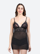 Fleurt Black Power Net Premium Baby Doll Dress for Women HOBF-BD-0341-BK