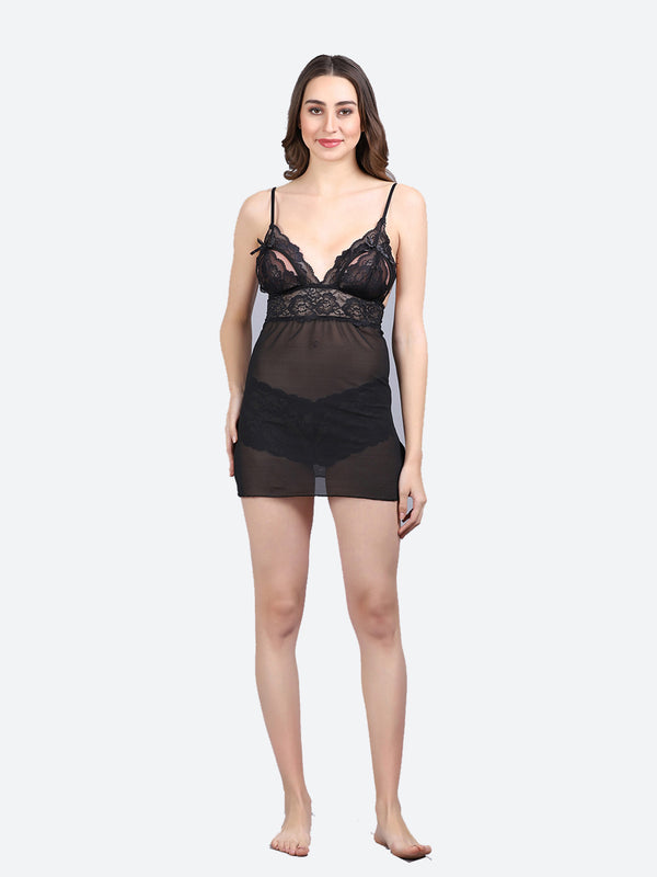 Fleurt Black Power Net Premium Baby Doll Dress for Women HOBF-BD-0341-BK