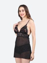 Fleurt Black Power Net Premium Baby Doll Dress for Women HOBF-BD-0341-BK