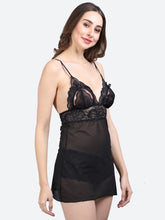 Fleurt Black Power Net Premium Baby Doll Dress for Women HOBF-BD-0341-BK