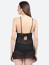 Fleurt Black Power Net Premium Baby Doll Dress for Women HOBF-BD-0341-BK