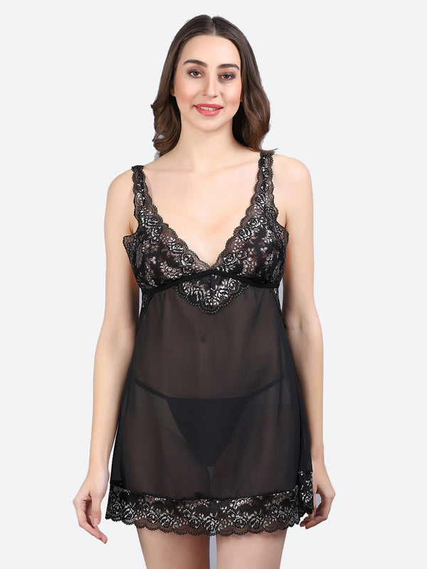 Fleurt Black Power Net Premium Baby Doll Dress for Women HOBF-BD-1027-BK