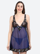 Fleurt Blue Power Net Premium Baby Doll Dress for Women HOBF-BD-1027-BL
