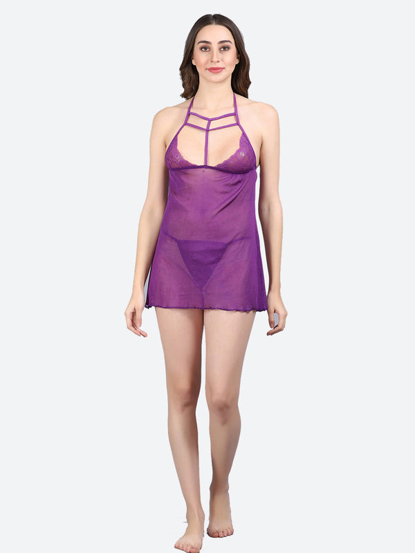 Fleurt Purple Spendex Net Premium Baby Doll Dress for Women HOBF-0368-PR