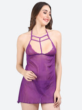 Fleurt Purple Spendex Net Premium Baby Doll Dress for Women HOBF-0368-PR