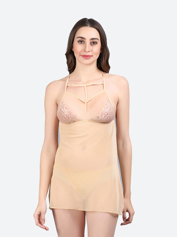 Fleurt Gold Spendex Net Premium Baby Doll Dress for Women HOBF-0368-GD