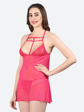 Fleurt Rose Pink Spendex Net Premium Baby Doll Dress for Women HOBF-0368-R.PK