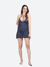 Fleurt Navy Blue Spendex Net Premium Baby Doll Dress for Women HOBF-0368-N.BL