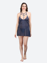 Fleurt Navy Blue Spendex Net Premium Baby Doll Dress for Women HOBF-0368-N.BL