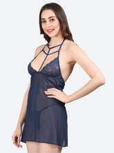 Fleurt Navy Blue Spendex Net Premium Baby Doll Dress for Women HOBF-0368-N.BL