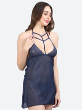 Fleurt Navy Blue Spendex Net Premium Baby Doll Dress for Women HOBF-0368-N.BL