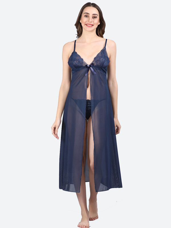Fleurt Navy Blue Spendex Net Baby Doll Dress for Women HOBF-BD-201-LG-N.BL
