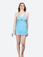 Fleurt Sky Blue Spendex Net Premium Baby Doll Dress for Women HOBF-NEW-0142-S.BL