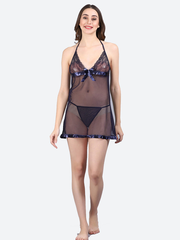 Fleurt Royal Blue Spendex Net Baby Doll Dress for Women HOBF-BD-142-R.BL