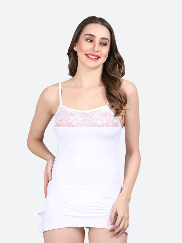 Fleurt White Forbe Lycra Premium Baby Doll Dress for Women HOBF-BD-0121-WH