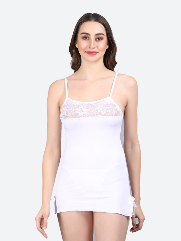 Fleurt White Forbe Lycra Premium Baby Doll Dress for Women HOBF-BD-0121-WH