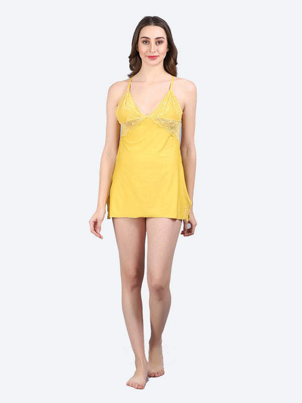 Fleurt Yellow Forbe Lycra Premium Baby Doll Dress for Women HOBF-BD-1062-YL