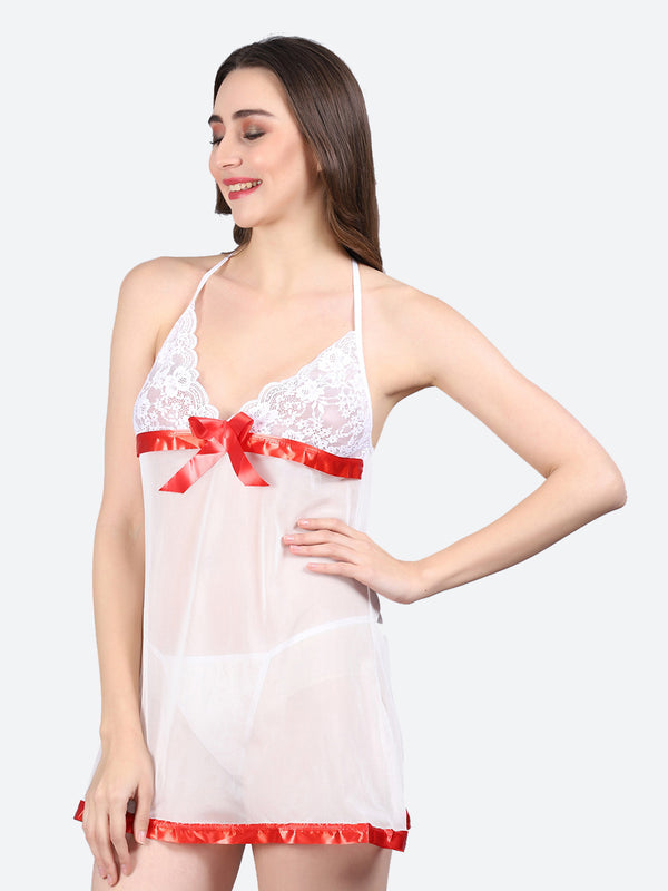 Fleurt Red Spendex Net Baby Doll Dress for Women HOBF-BD-0133-RD