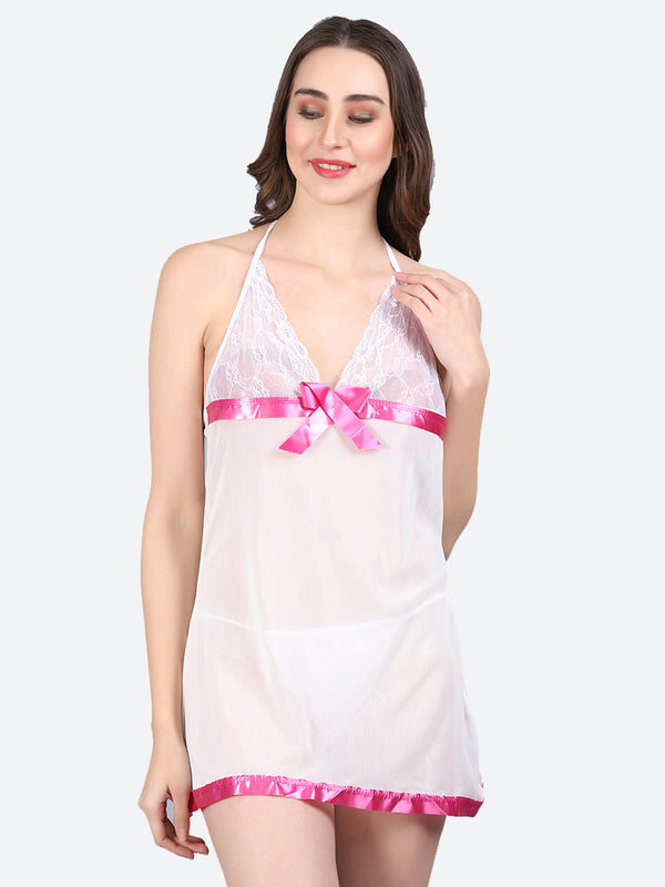 Fleurt Pink Spendex Net Baby Doll Dress for Women HOBF-BD-0133-PK