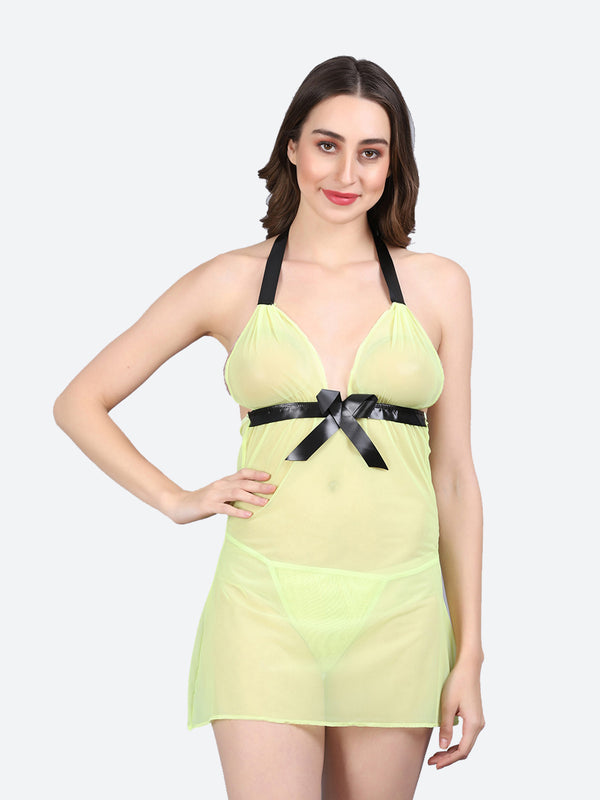 Fleurt Parrot Green Spendex Net Premium Baby Doll Dress for Women HOBF-NEW-0142-P.GR