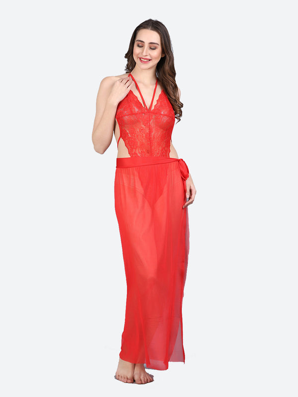 Fleurt Red Spendex Net Baby Doll Dress for Women HOBF-BD-SLG-RD