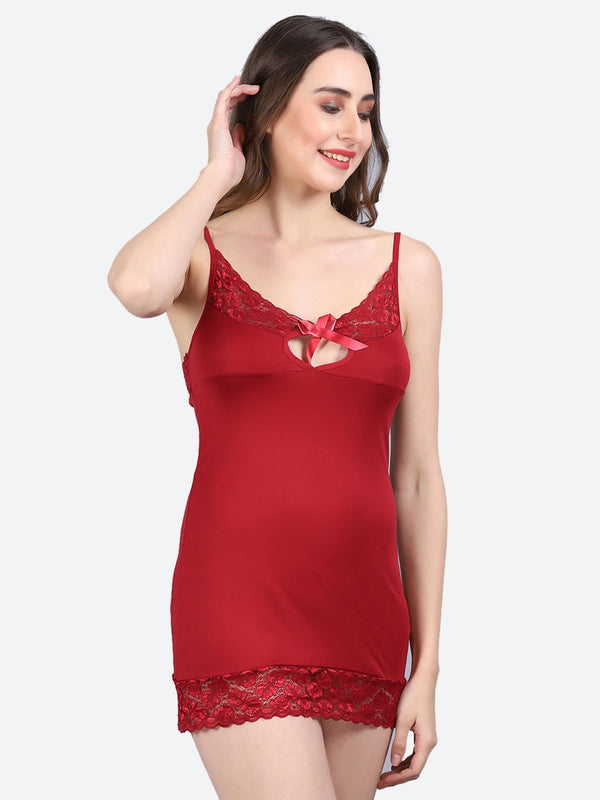 Fleurt Maroon Forbe Lycra Honey Moon Dress Dress for Women HOBF-BD-0118-MR