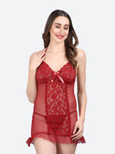 Fleurt Maroon Power Net Premium Baby Doll Dress for Women HOBF-BD-0367-MR