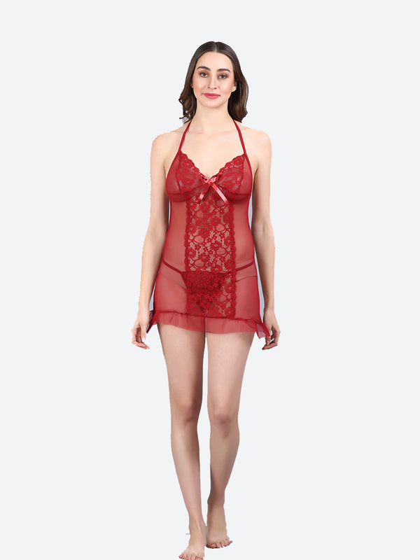 Fleurt Maroon Power Net Premium Baby Doll Dress for Women HOBF-BD-0367-MR