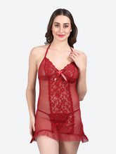 Fleurt Maroon Power Net Premium Baby Doll Dress for Women HOBF-BD-0367-MR