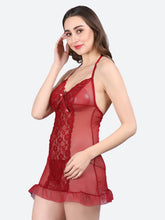 Fleurt Maroon Power Net Premium Baby Doll Dress for Women HOBF-BD-0367-MR