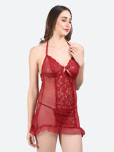 Fleurt Maroon Power Net Premium Baby Doll Dress for Women HOBF-BD-0367-MR