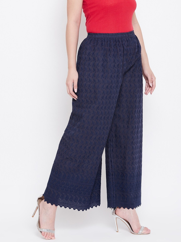 Fleurt Stylish Cotton Chikan Palazzo Pants for Women HOBK279