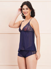 Fleurt Navy Blue Power Net Co-Ord Set Babydoll Dress for Women HOBF-1028-N.BL