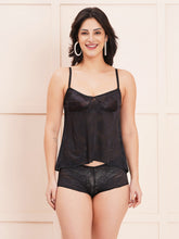 Fleurt Black Power Net Co-Ord Set Babydoll Dress for Women HOBF-102-BK
