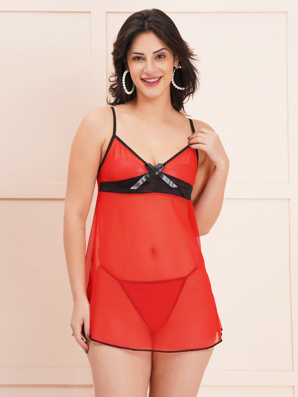Fleurt Red Spendex Net Honey Moon Dress Dress for Women HOBF-nbe01016-RD