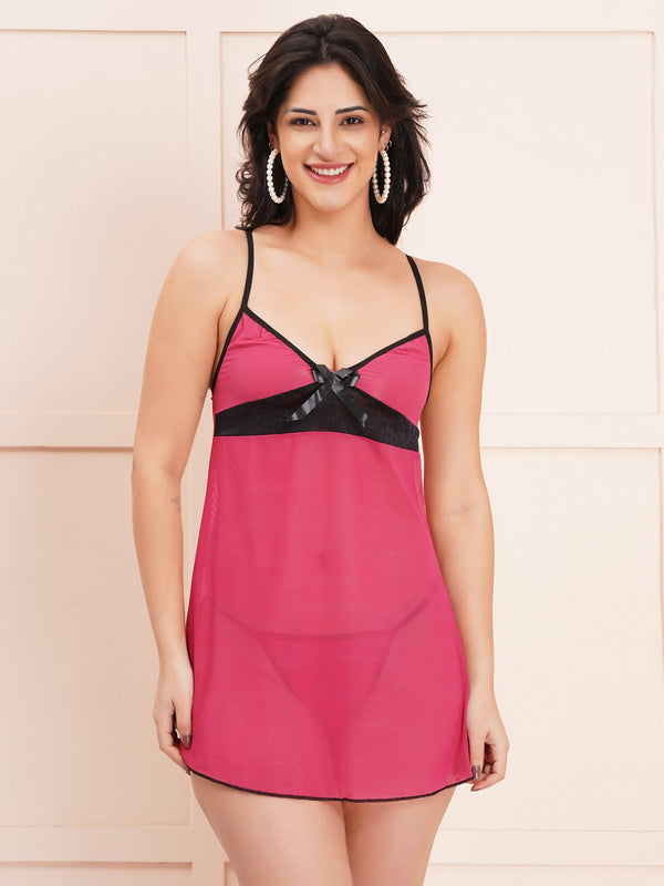 Fleurt Pink Spendex Net Honey Moon Dress Dress for Women HOBF-nbe01016-PK