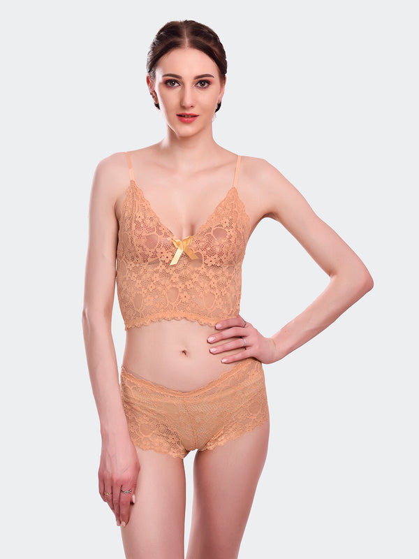 Fleurt Gold Lycra Lace Lingerie Set - One Size (Free Size) For Women Fleurt-Set-170-GD